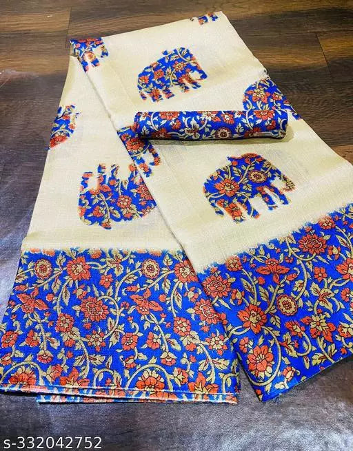 ELEPHANT PRINTED KHADI SILK BLENDED LIGHT WEIGHT COMFERTABLE WEAR SAREE WITH BLOUSE
