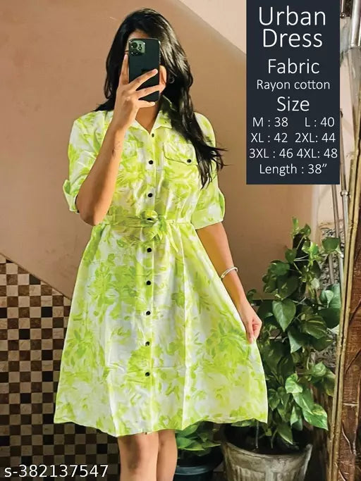 JKP COLLECTION Trendy Floral Print Women's Rayon A-Line Below The Knee Length Casual Dress Neon