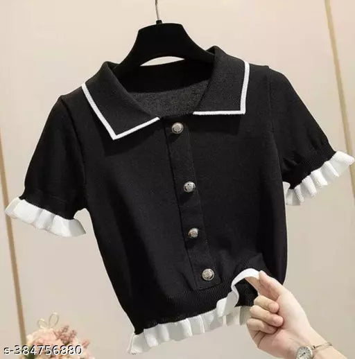 Women's Short Sleeve Knit Top Summer Summer Knit T-Shirt Short Sleeve Frill Open Front Collar High Waist Office Casual Beautiful Cool Breathable Cute Stylish Slimming Going Out Black Top