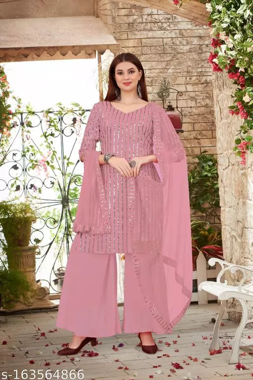 Women's Faux Georgette Sequence Embroidery Work Unstitched Top With Full Stitched Sharara and dupatta