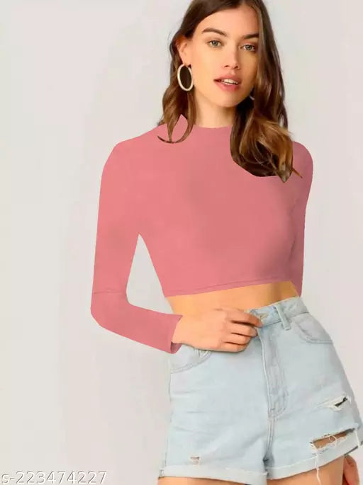Casual Polyester Blend Round Neck Long Sleeves Crop Top