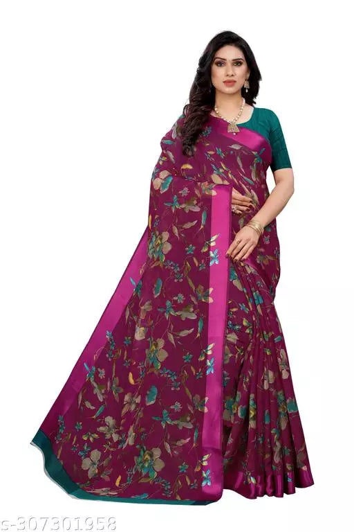 LIGHT WEIGHT BEST DESIGNER COMFERTABLE WEAR BEAUTIFUL SAREE ( CHANDERI COTTON- MIX LENIN) WITH BLOUSE