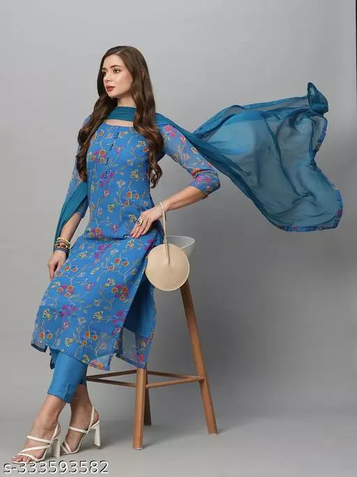 Anni Designer Women's Blue Cotton Blend Floral Printed Straight Kurta With Trousers & Dupatta