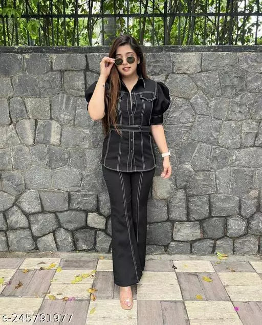 Black Denim Two-Piece Set: Wide Leg Pants and Half Sleeve Shirt with Cross Pockets