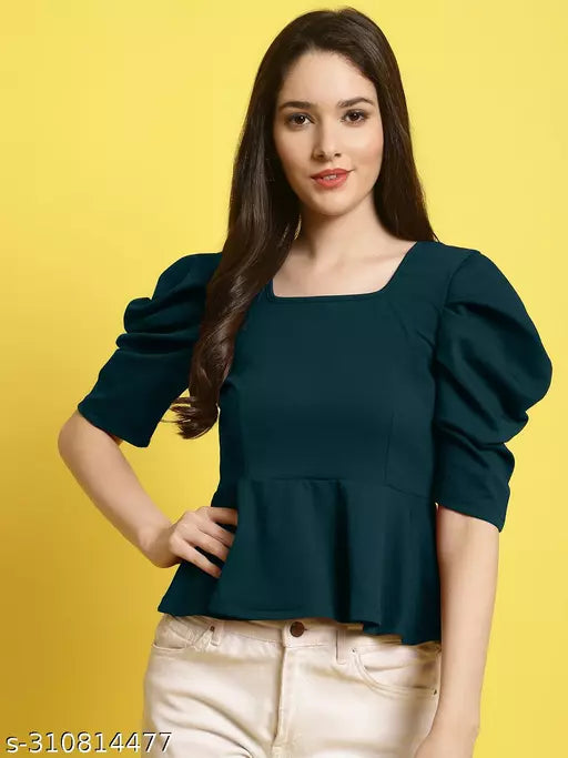 Women Square Neck Puff Sleeves Peplum Top (Women Top | Women Tops | Top)