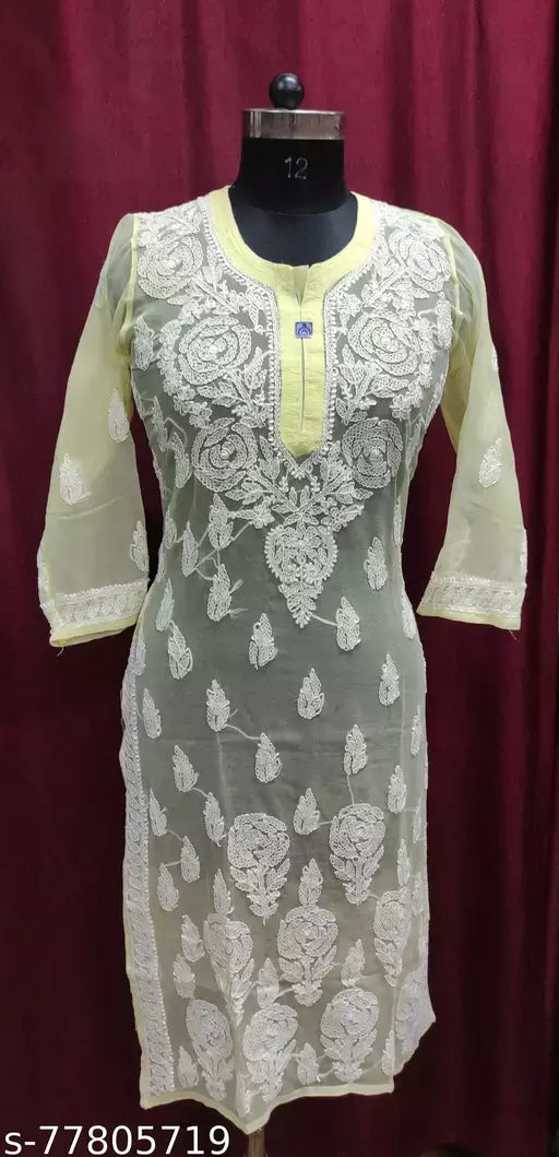 Handwork Embroidered Chikankari Choffon Rose Daaman Boota Kurti.