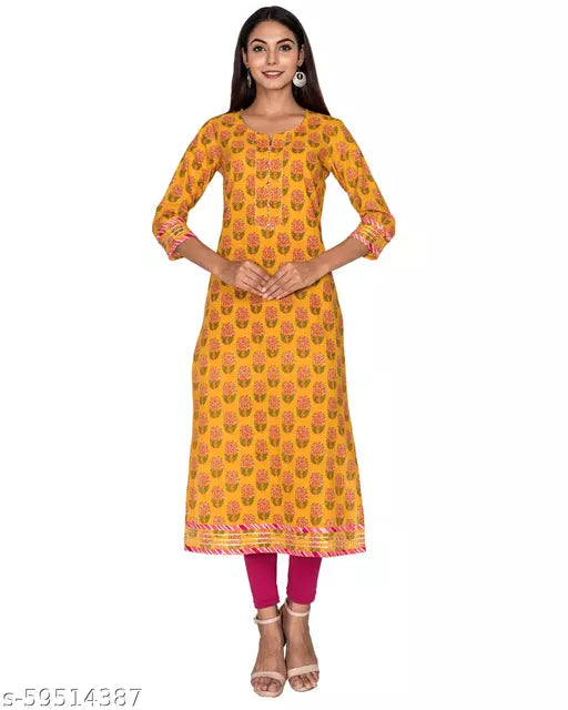 Swasti Women Plus Size Printed Pure Cotton Straight Kurta (Yellow)