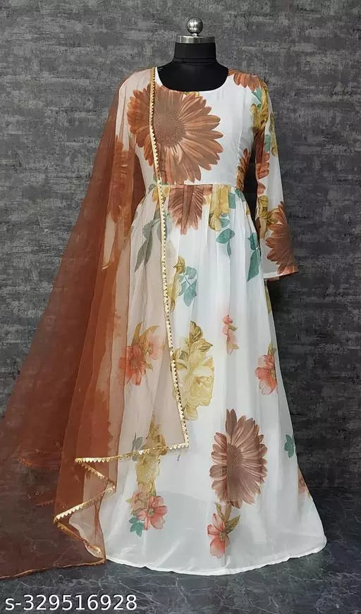 QVAZOR Stylish Fancy Trendy Printed Georgette Gown For Women For Party Wedding Festival Functions