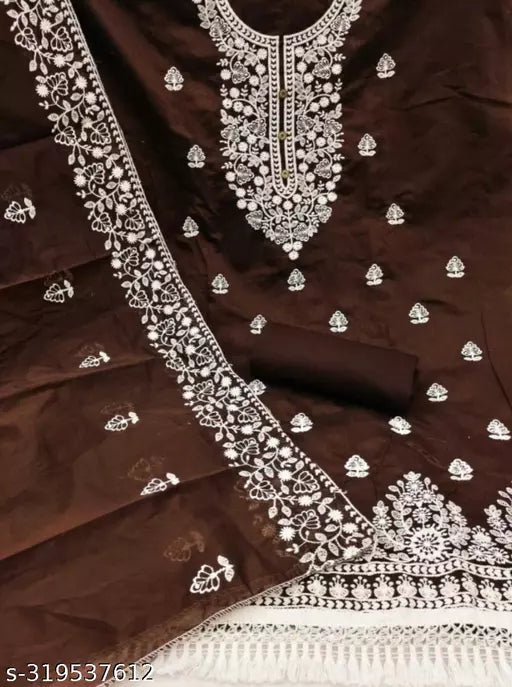 Women's Heavy Cotton Embroidery Work Unstitched Salwar Suit Dress Material With Chanderi Work Dupatta