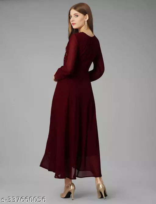 Exquisite Georgette Long Dress - Elegant Party Wear Maroon Gown for Women and Ladies