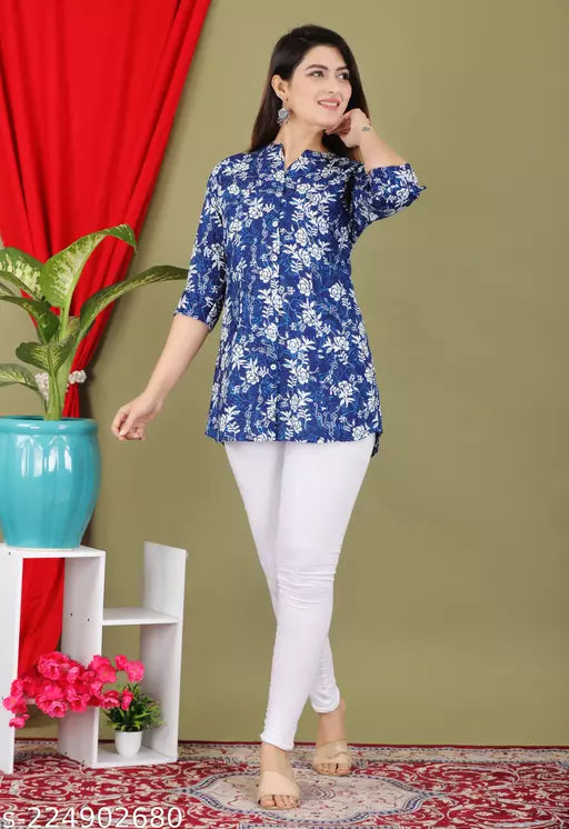 Shree Fashion Blue Rayon Zigzag Print Top Frock_Top Kurti_Top