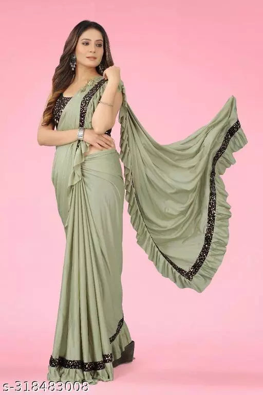Ready To Wear Lycra Freel Fancy Party Wear Sarees Light Green Colour Sarees with sequance blouse BY Kraddle