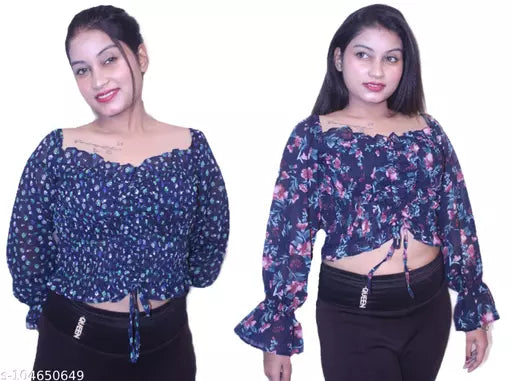 WOMEN CROP TOPS WITH FLORAL PRINTED AND STYLISH NECK