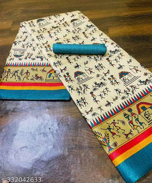 WARLI PRINTED KHADI SILK BLENDED LIGHT WEIGHT COMFERTABLE WEAR DESIGNER SAREE WITH BLOUSE