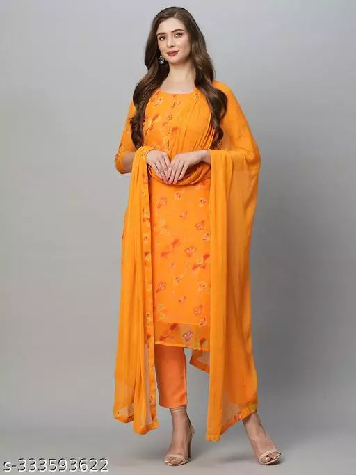 Anni Designer Women's Yellow Cotton Blend Floral Printed Straight Kurta With Trousers & Dupatta