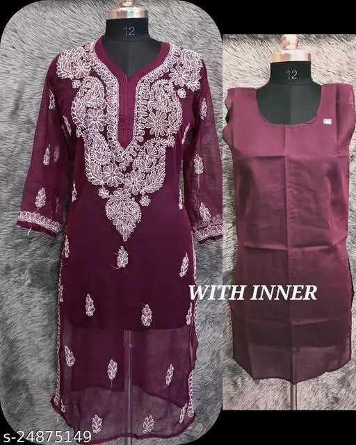 Handwork Embroidered Chikankari Chiffon Galabooti Long kurti.