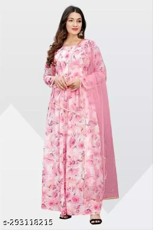 QVAZOR Stylish Fancy Trendy Printed Georgette Gown For Women For Party Wedding Festival Functions