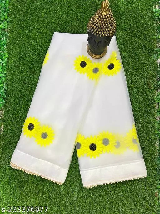 Under 399 Designer Printed Embroidered Sunflower Net Sarees White Colours Daily Wear Sarees