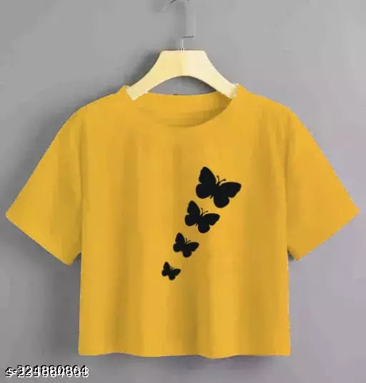 Trendy Feminine Printed Crop Tshirt Round Neck Top For Womens