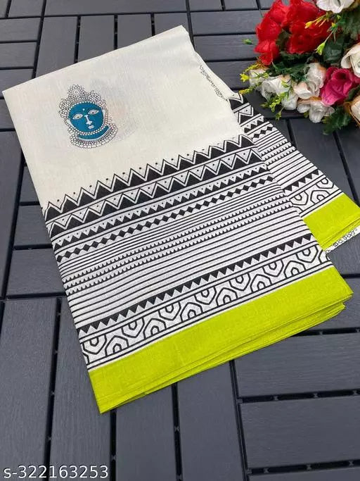 LIGHT WEIGHT KATHAKALLI DESIGNER BEST PRICE ( COTTON BLEND -ART SILK MIX MATERIAL) SKIN FRIENDLY SAREE WITH UNSTICHED BLOUSE