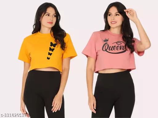 Trendy Feminine Printed Crop Tshirt Round Neck Top For Womens(Pack Of 2)