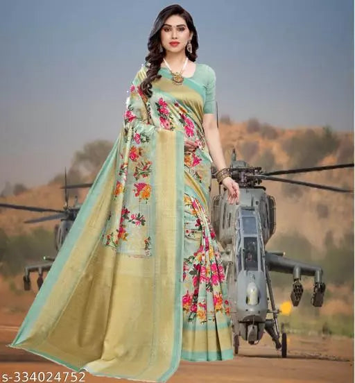 LIGHT WEIGHT BEAUTIFUL DESIGN COTTON BLEND -ART SILK MIX MATERIAL) SAREE WITH UNSTICHED BLOUSE