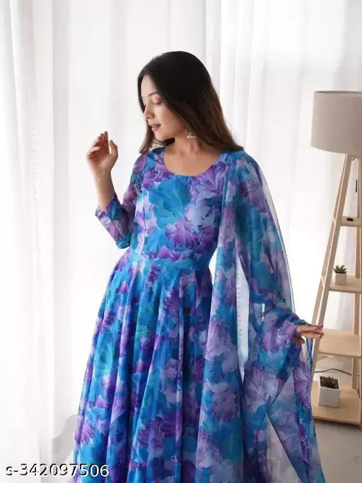 QVAZOR Stylish Fancy Trendy Printed Georgette Gown For Women For Party Wedding Festival Functions