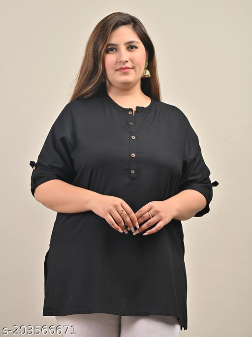 Plus Size-Swasti Women Printed Rayon Straight Short Tops & Tunics (Black)