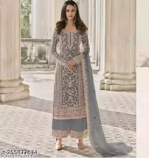 Women's Gray Embroidered Net Semi Stitched Suits
