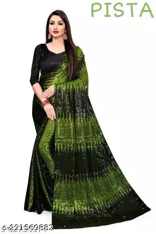 SHINE SUPER HIT LIGHT GREEN DESIGNER SEQUANCE Georgette SAREES BY KRADDLE