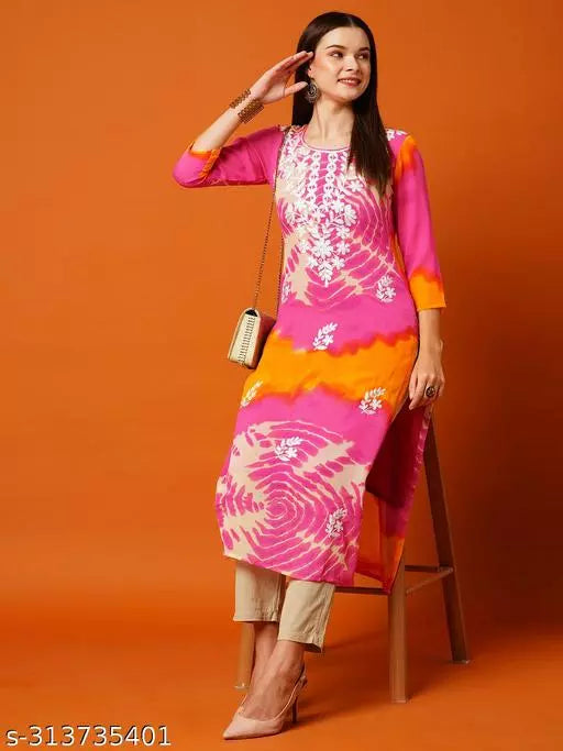 Anni Designer Women's Pink Straight Floral Embroidered Printed Kurti