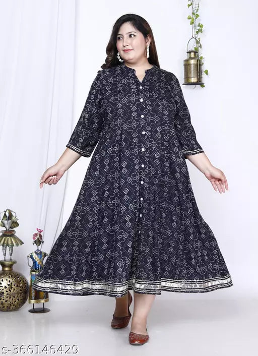 Swasti Plus Size Women Bandhani Print Cotton Blend Gown Ethnic Dress