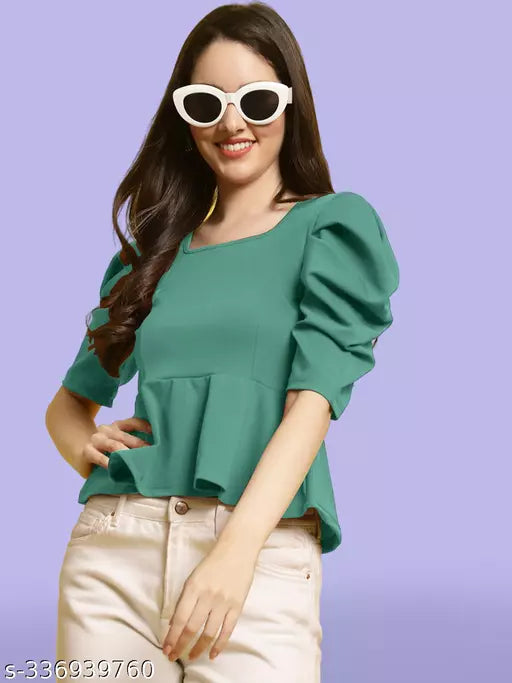 Women Square Neck Puff Sleeves Peplum Top (Women Top | Women Tops | Top)