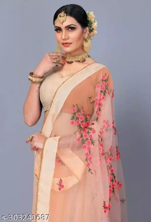 Bollywood Celebrity inspired Explore net saree With beautifull Embroidered all over moti work Chicku colours