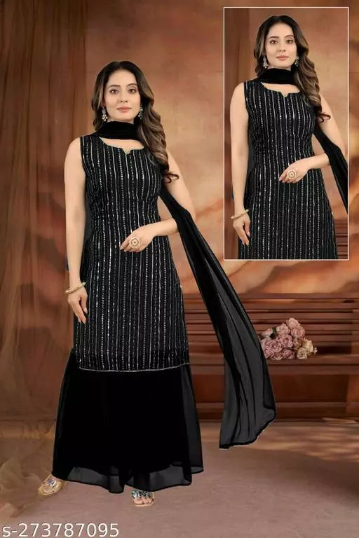 Women Faux Georgette With Embrodery Seqance Work Kurta With Sharara And Dupatta Stiched