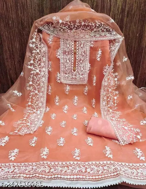 ORGANZA SILK BARFI WITH EMBROIDERED DOUBLE MULTI WORK DRESS MATERIAL SUIT FOR WOMEN
