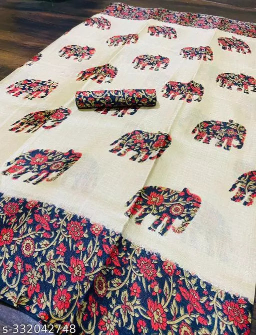 ELEPHANT PRINTED KHADI SILK BLENDED LIGHT WEIGHT COMFERTABLE WEAR SAREE WITH BLOUSE