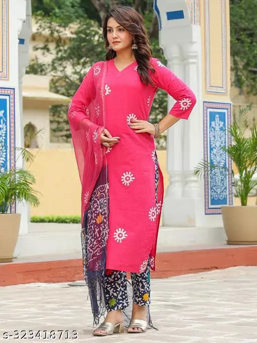 Anni Designer Women's Pink Ethnic Motifs Embroidered Kurta with Trouser & Dupatta