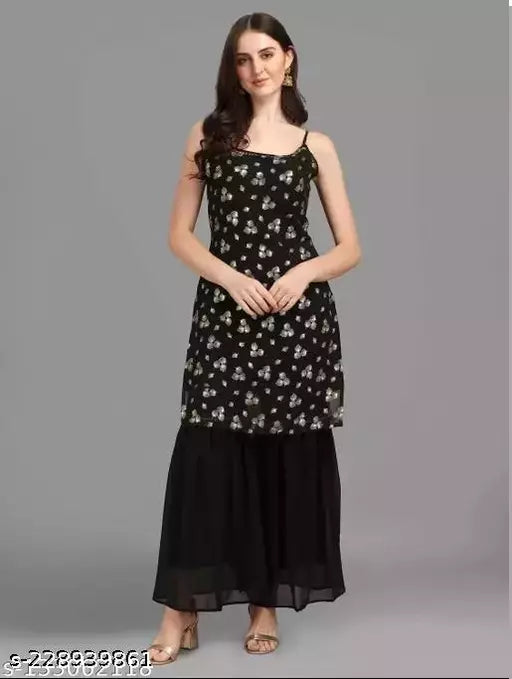 Women Faux Georgette With Foil Work Sleevless Kurta And Sharara