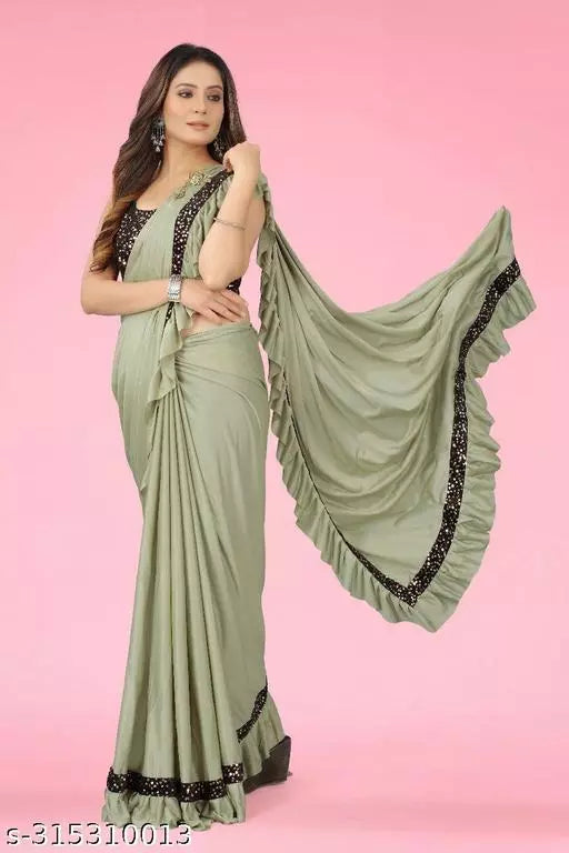 Ready To Wear Lycra Freel Fancy Party Wear Sarees Light Green Colour Sarees with sequance blouse BY Kraddle
