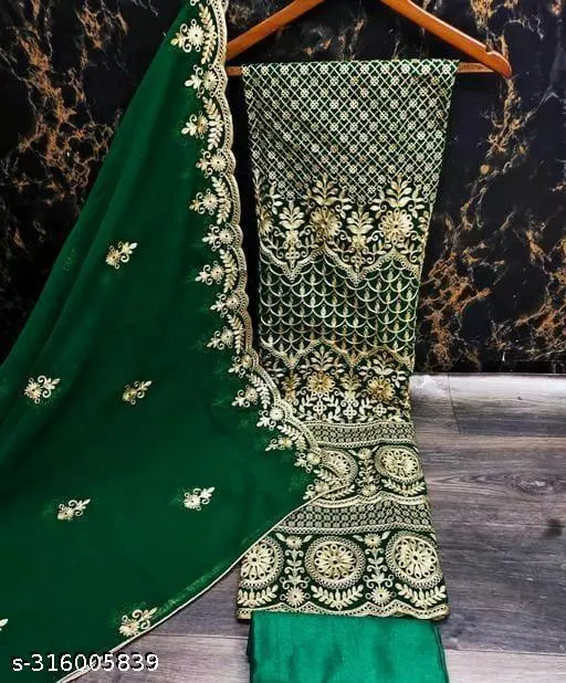 Women's Green Floral Patiala Embroidered Sequence Work Georgette Salwar Suit & Dress Materials