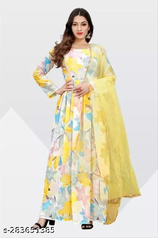 QVAZOR Stylish Fancy Trendy Printed Georgette Gown For Women For Party Wedding Festival Functions