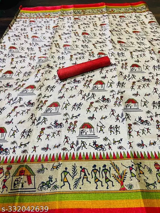 WARLI PRINTED KHADI SILK BLENDED LIGHT WEIGHT COMFERTABLE WEAR DESIGNER SAREE WITH BLOUSE