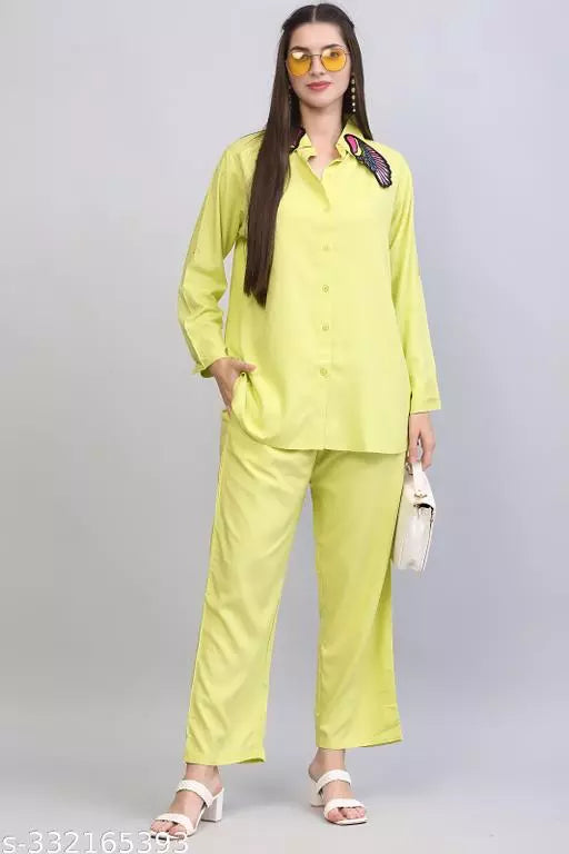 Women's Co-ord Set: Solid Shirt & Pants