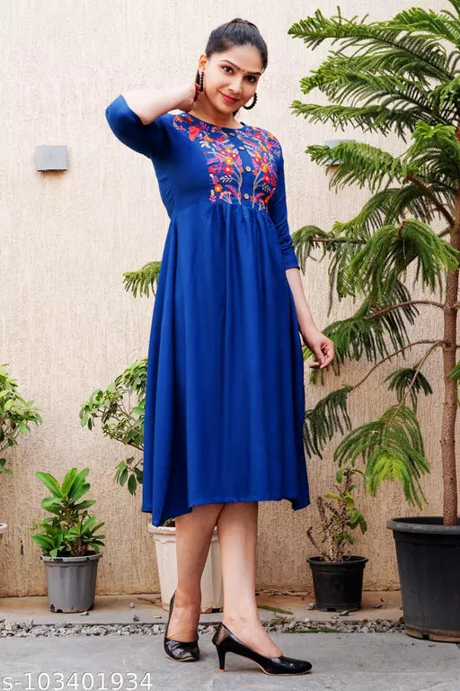 Shree Ganesh fashion's Rayon Anarkali Teal Embroidered Kurti for women