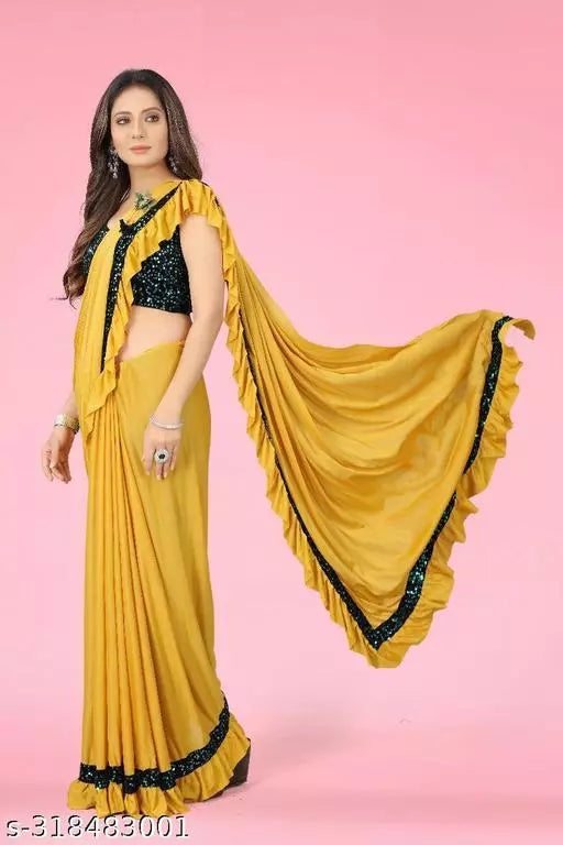 Ready To Wear Lycra Freel Fancy Party Wear Sarees Yellow Colour Sarees with sequance blouse BY Kraddle