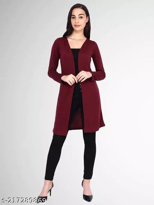 Vivient Women Maroon Plain Long Shrug