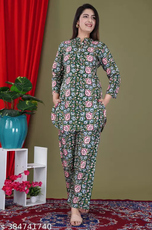 FebQ Womens Designer Print Co-Ord Set Relaxed Fit for Women- Two Piece Co Ord Set Top & Pant