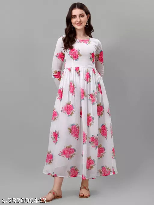 QVAZOR Stylish Fancy Trendy Printed Georgette Gown For Women For Party Wedding Festival Functions