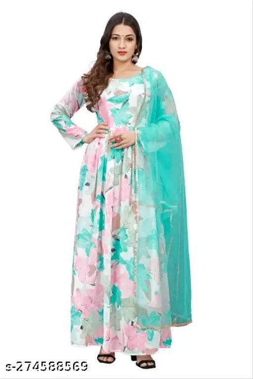 QVAZOR Stylish Fancy Trendy Printed Georgette Gown For Women For Party Wedding Festival Functions